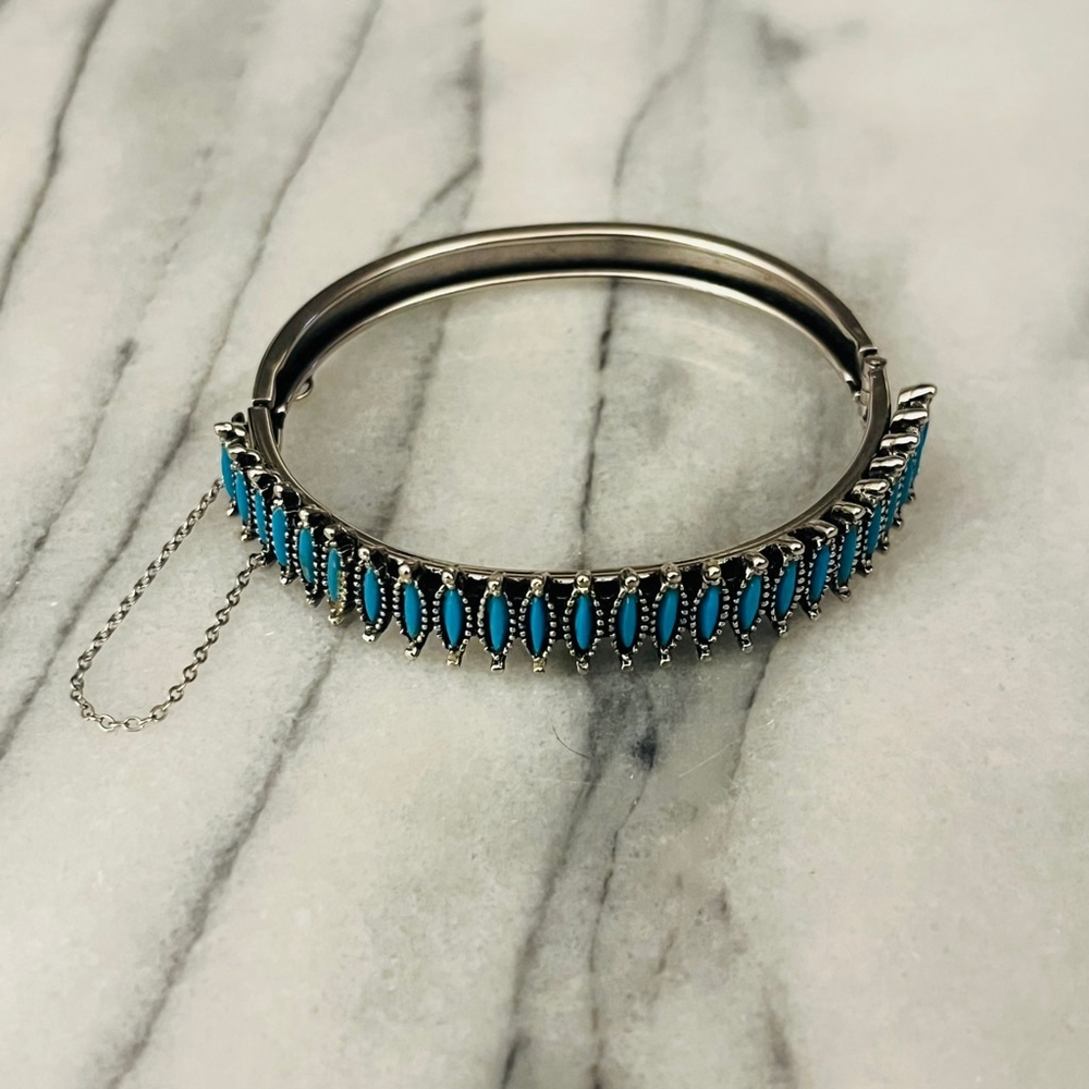 Vintage Turquoise Bangle Bracelet | Silver Tone Hinged‎ Bracelet | Southwestern